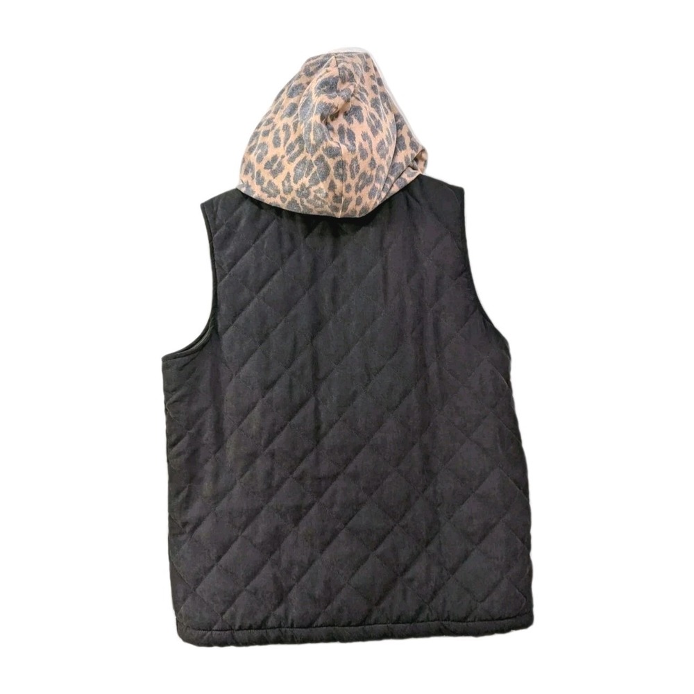 Crazy Train‎ Black Quilted Leopard Print Hood Vest Size Medium Full Zip Pockets
